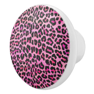 Bouton De Porte En Céramique Léopard noir et rose chaud