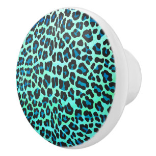 Bouton De Porte En Céramique Léopard noir et Turquoise