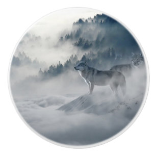 Bouton De Porte En Céramique Les loups dans un paysage hivernal
