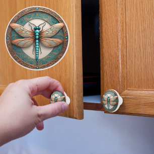 Bouton De Porte En Céramique libellule de cuivre et de turquoise