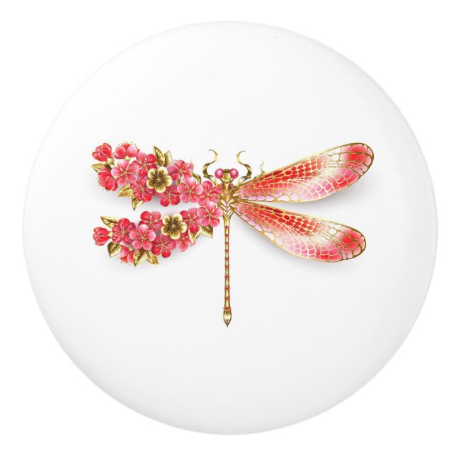 Bouton De Porte En Céramique libellule de fleurs avec sakura de bijoux (Devant)