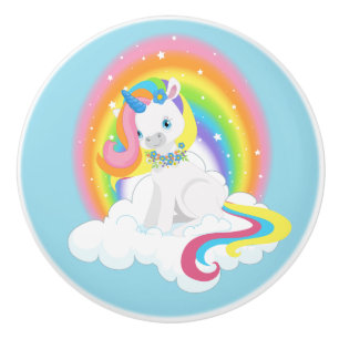 Bouton De Porte En Céramique Licorne d'arc-en-ciel sur un nuage