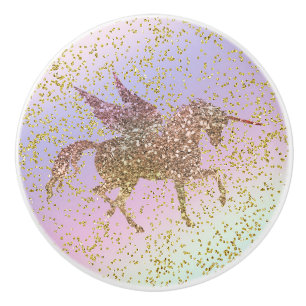 Bouton De Porte En Céramique Licorne Pailletée Or Pastel Arc-en-ciel Filles Ten