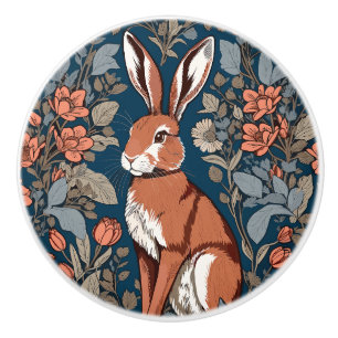 Bouton De Porte En Céramique Lièvre assis floral inspiré de William Morris