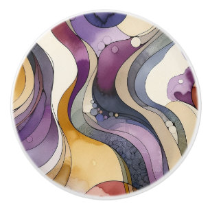 Bouton De Porte En Céramique Lignes fluides couleur abstraite violette et dorée