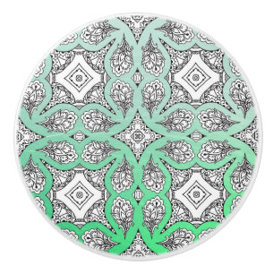 Bouton De Porte En Céramique Lime vert noir Mandala décoratif