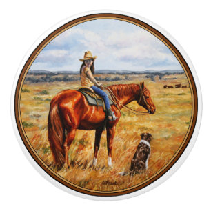 Bouton De Porte En Céramique Little Cowgirl on Cattle Horse