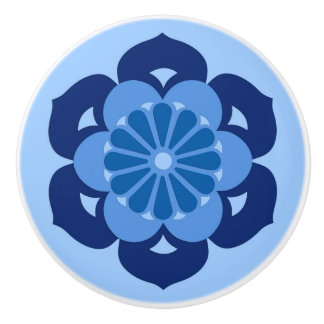 Bouton De Porte En Céramique Lotus Flower Mandala, Indigo et bleu clair