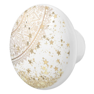 Bouton De Porte En Céramique Lotus Mandala avec Gold Stars sur White