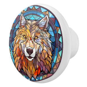 Bouton De Porte En Céramique loup en faux vitrail
