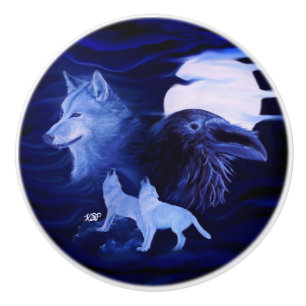 Bouton De Porte En Céramique Loups et corbeau avec pleine lune