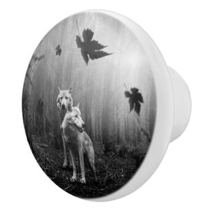 Bouton De Porte En Céramique Loups merveilleux Noir et Blanc Leaf nous seul