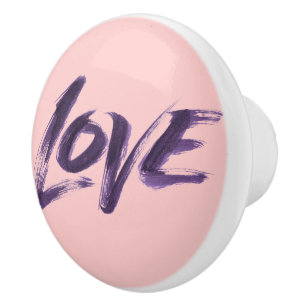Bouton De Porte En Céramique LOVE Word Purple Pink Calligraphie Brosse