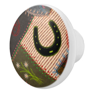 Bouton De Porte En Céramique Lucky Horseshoe Vintage Patchwork Crazy Quilt