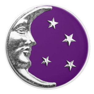 Bouton De Porte En Céramique Lune et étoiles d'art déco - pourpre et argent
