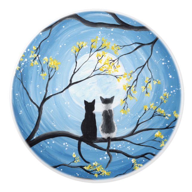 Bouton De Porte En Céramique Lune lunaire avec chats (Devant)