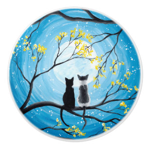 Bouton De Porte En Céramique Lune lunatique avec des chats