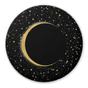Bouton De Porte En Céramique Lune magique céleste noir et or, étoiles lunaires