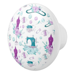 Bouton De Porte En Céramique Machine à coudre vintage Mannequin bleu violet