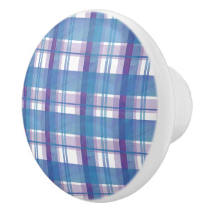 Bouton De Porte En Céramique Madras Plaid Blue et Purple