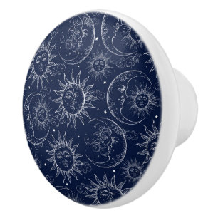 Bouton De Porte En Céramique Magie Bleue Céleste Soleil Lune Étoiles Vintage