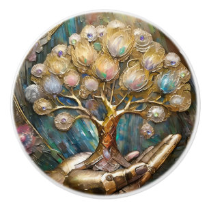 Bouton De Porte En Céramique Main Robot D'Or Tenant Arbre De Vie D'Or