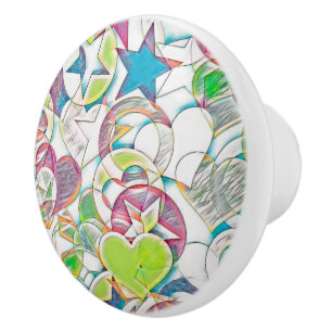 Bouton De Porte En Céramique Main Tirée Par EDDArt - Étoiles Et Coeurs 1