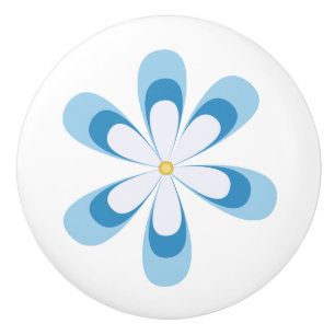 Bouton De Porte En Céramique Maisson en blanc et bleu avec centre jaune or
