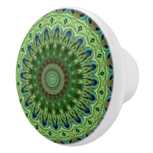 Bouton De Porte En Céramique Mandala à plume de paon Émeraude et symétrie bleue