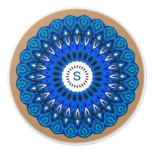 Bouton De Porte En Céramique Mandala bleu sur beige avec cordon initial
