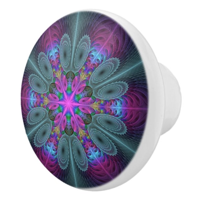 Bouton De Porte En Céramique Mandala De Centre Coloré Fractage Art Avec Rose (Droite)