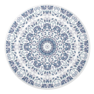 Bouton De Porte En Céramique Mandala Floral Bleu Poussiéreux