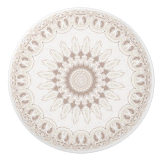 Bouton De Porte En Céramique Mandala Médaillon en Beige Doux et Blanc