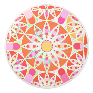 Bouton De Porte En Céramique Mandala motif, corail orange, rose, or