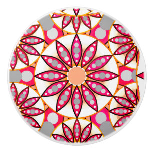 Bouton De Porte En Céramique Mandala motif, corail, pêche, blanc et gris