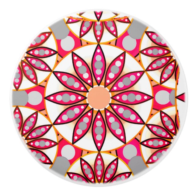 Bouton De Porte En Céramique Mandala motif, corail, pêche, blanc et gris (Devant)