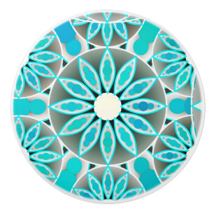 Bouton De Porte En Céramique Mandala motif, turquoise, gris argenté et blanc