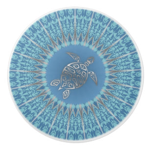 Bouton De Porte En Céramique Mandala Tortue de Mer Argent Turquoise Géométrique