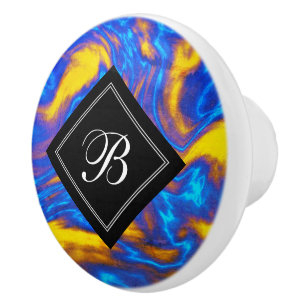 Bouton De Porte En Céramique Marbre Abstrait jaune bleu violet liquide