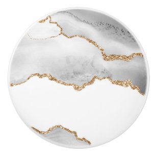 Bouton De Porte En Céramique Marbre blanc gris Agate Parties scintillant dorée 
