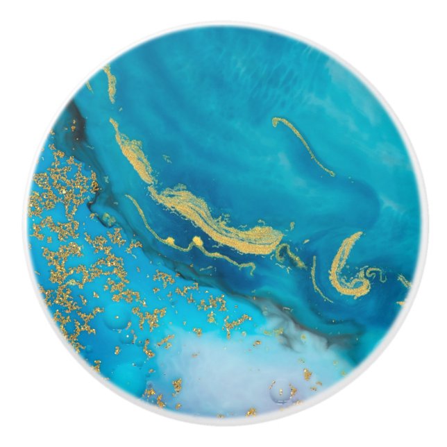 Bouton De Porte En Céramique Marbre d'or bleu Aqua (Devant)