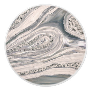 Bouton De Porte En Céramique Marbre et cristal liquides gris - perle et argent