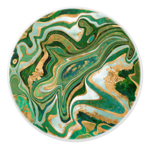 Bouton De Porte En Céramique Marbre liquide vert et or abstrait