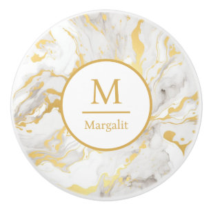 Bouton De Porte En Céramique Marbre Monogramme blanc et or Faux