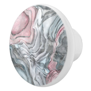 Bouton De Porte En Céramique Marbre rose noir - rose pastel et argent