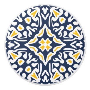Bouton De Porte En Céramique Marine et Motif de tuiles méditerranéennes Jaunes