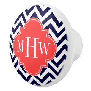 Bouton De Porte En Céramique Marine Lg Chevron Coral Red Quatrefoil 3 Monogramm