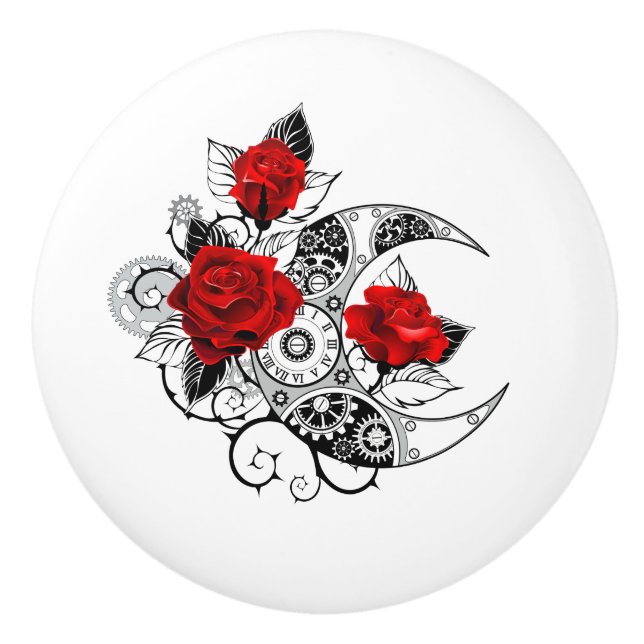 Bouton De Porte En Céramique Mechanical Crescent with Red Roses (Devant)