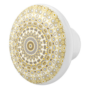 Bouton De Porte En Céramique Médaillon de kaléidoscope de mandala jaune et blan