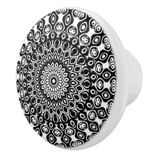 Bouton De Porte En Céramique Médaillon de kaléidoscope en noir et blanc Mandala